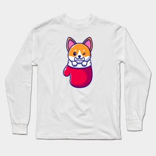 Cute Shiba Inu Dog Bite Bone In Glove Cartoon Long Sleeve T-Shirt